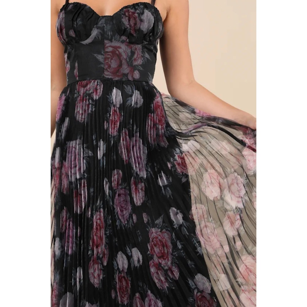 Lulus Alluring Invite Black Floral Pleated Tulle Bustier Midi Dress Large 2861